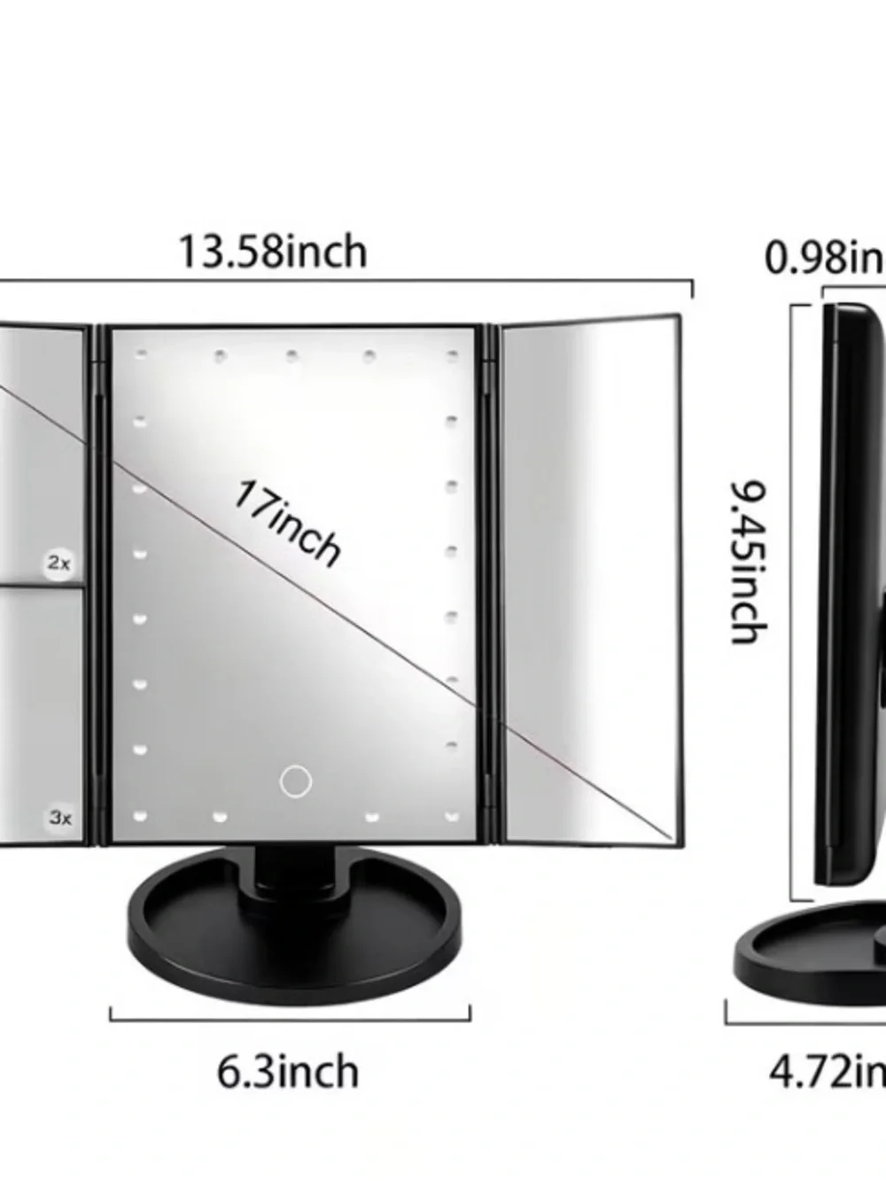 Trifold Pro Vanity Mirror with LED Lights - Black